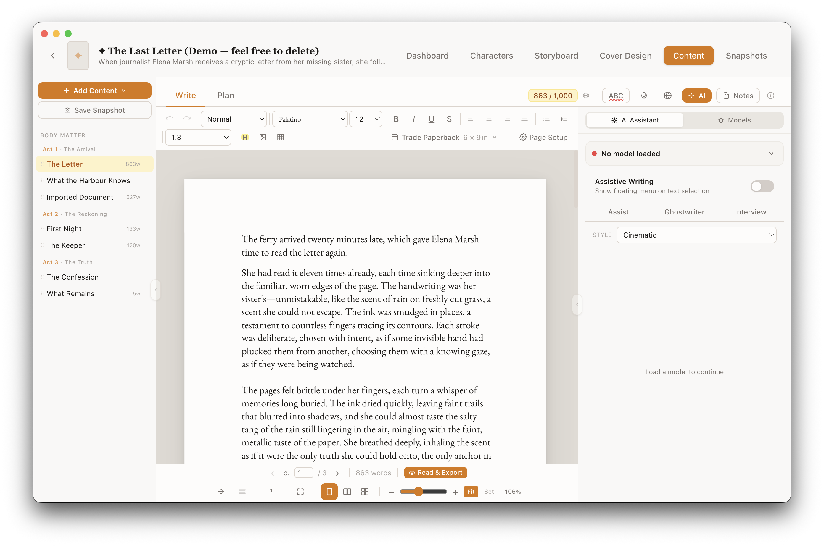Lekhanam chapter editor with AI Assist panel, Lekha AI model toggle, and bubble menu actions