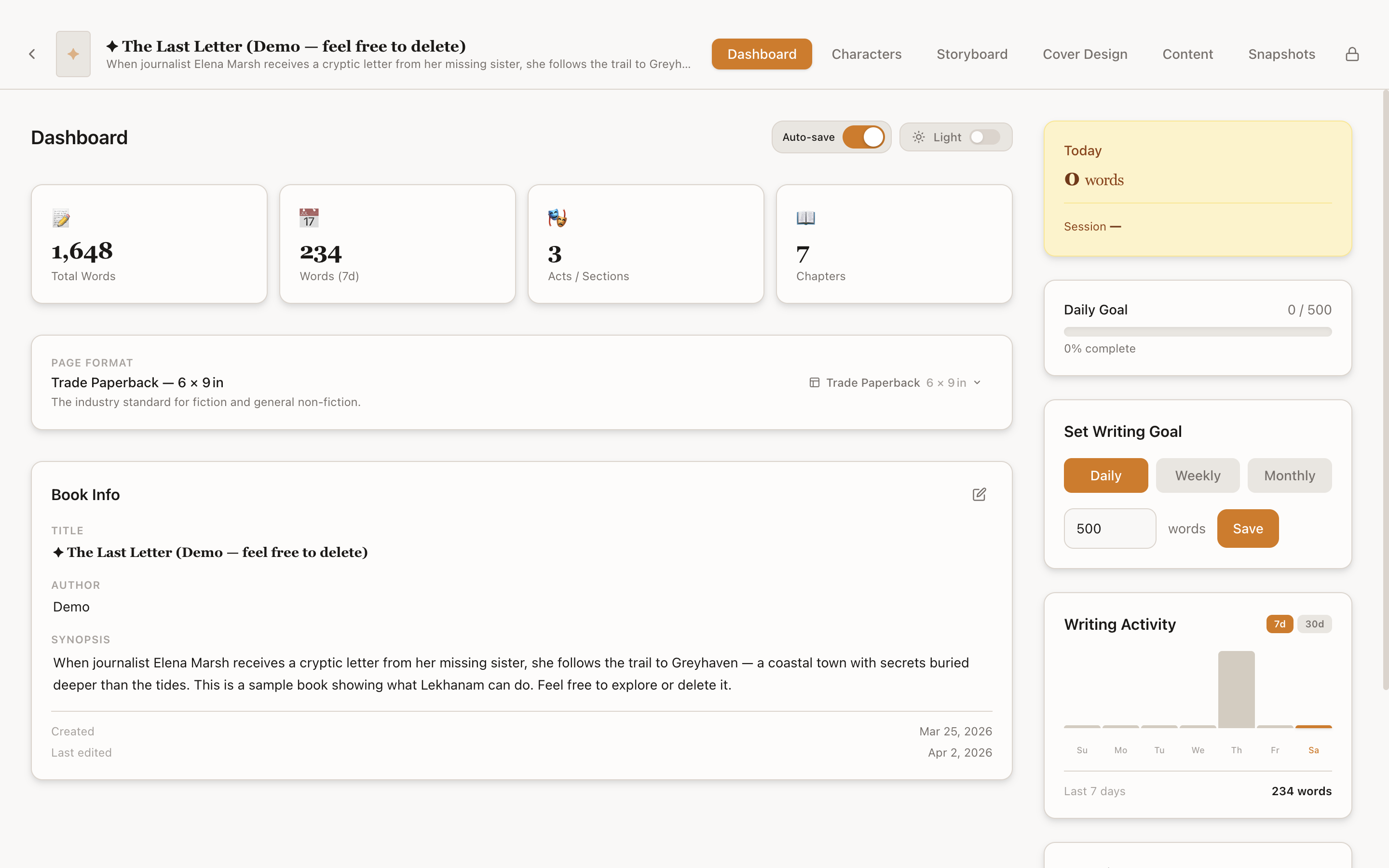 Lekhanam dashboard with word counts, writing goals, session tracking, and activity chart